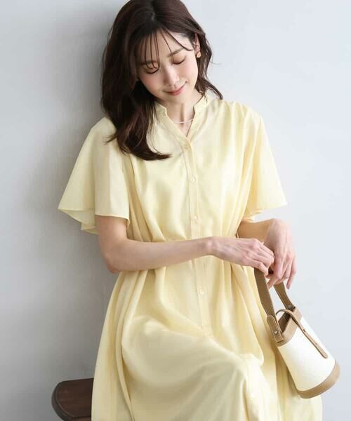 MK MICHEL KLEIN / エムケーミッシェルクラン ロング・マキシ丈ワンピース | [洗える]フレアースリーブ ベルト付きワンピース（ライトイエロー）