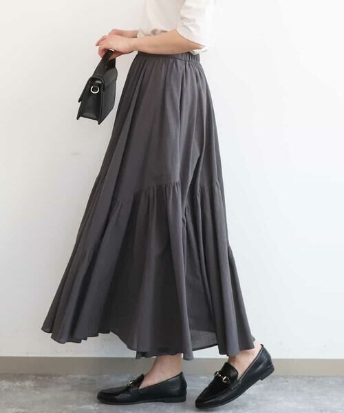 MK MICHEL KLEIN / エムケーミッシェルクラン ロング・マキシ丈スカート | コットンシフォンギャザースカート/洗える(ダークグレー)