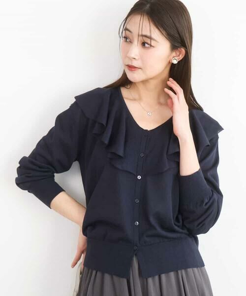 MK MICHEL KLEIN / エムケーミッシェルクラン カーディガン・ボレロ | ラッフルフリルデザインカーディガン/接触冷感/UVカット/洗える（ネイビー）