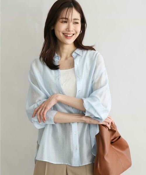 MK MICHEL KLEIN / エムケーミッシェルクラン シャツ・ブラウス | [接触冷感/洗える]ドビーストライプ柄シアーシャツブラウス（ライトブルー）