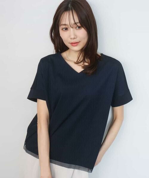 MK MICHEL KLEIN / エムケーミッシェルクラン カットソー | ストライプチュールカットソー/接触冷感/洗える（ネイビー）