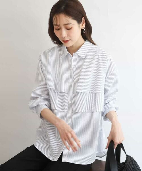 MK MICHEL KLEIN / エムケーミッシェルクラン シャツ・ブラウス | ティアードフリルストライプ柄シャツブラウス/洗える | 詳細1