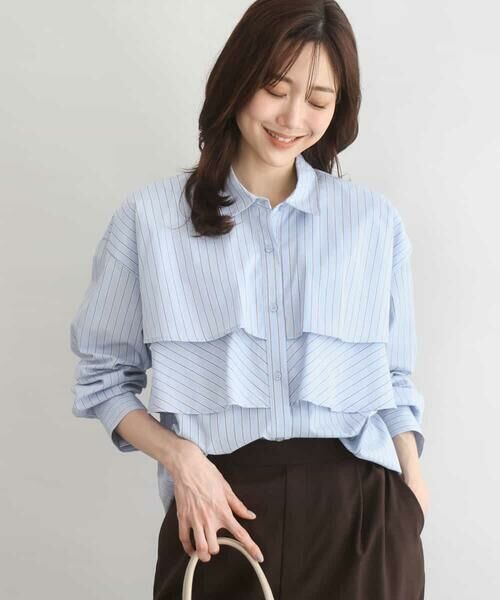MK MICHEL KLEIN / エムケーミッシェルクラン シャツ・ブラウス | ティアードフリルストライプ柄シャツブラウス/洗える（ライトブルー）