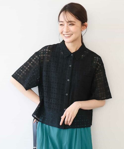 MK MICHEL KLEIN / エムケーミッシェルクラン シャツ・ブラウス | [洗える]幾何レース五分袖シャツブラウス（ブラック）