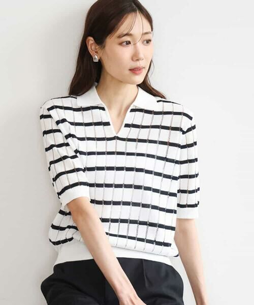 MK MICHEL KLEIN / エムケーミッシェルクラン カットソー | [洗える]衿付きスキッパーデザインニット（ホワイト（ボーダー））