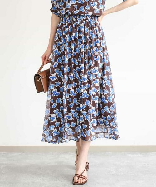 MK MICHEL KLEIN / エムケーミッシェルクラン ロング・マキシ丈スカート | [洗える]アートフラワープリント シフォンスカート（ブラウン）