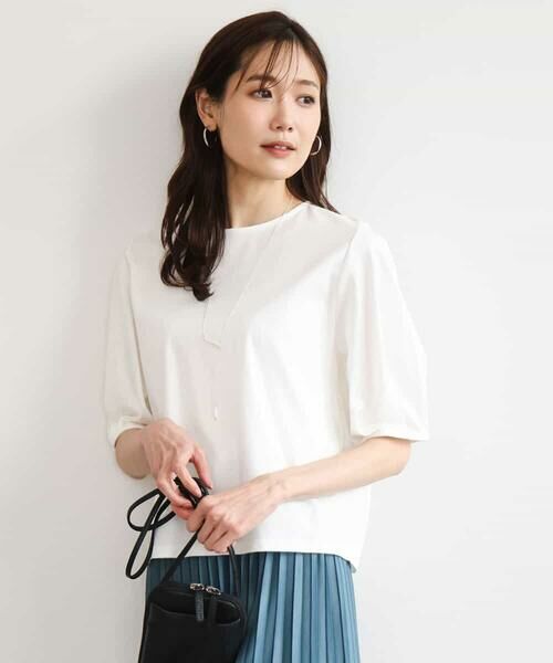 MK MICHEL KLEIN / エムケーミッシェルクラン カットソー | [接触冷感/洗える]シルケットスムース タックスリーブカットソー（ホワイト）