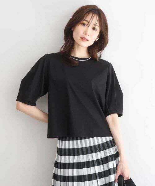 MK MICHEL KLEIN / エムケーミッシェルクラン カットソー | [接触冷感/洗える]シルケットスムース タックスリーブカットソー（ブラック）