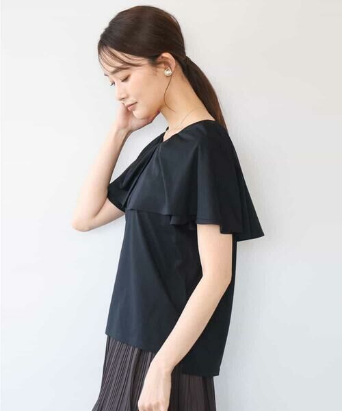 MK MICHEL KLEIN / エムケーミッシェルクラン カットソー | [洗える]シルケット天竺ケープデザインカットソー（ブラック）