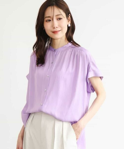 MK MICHEL KLEIN / エムケーミッシェルクラン シャツ・ブラウス | [UVカット/接触冷感/洗える]バンドカラーサテンブラウス（ラベンダー）