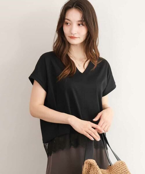 MK MICHEL KLEIN / エムケーミッシェルクラン カットソー | [接触冷感/洗える]ヘムレースデザインVネックカットソー | 詳細1