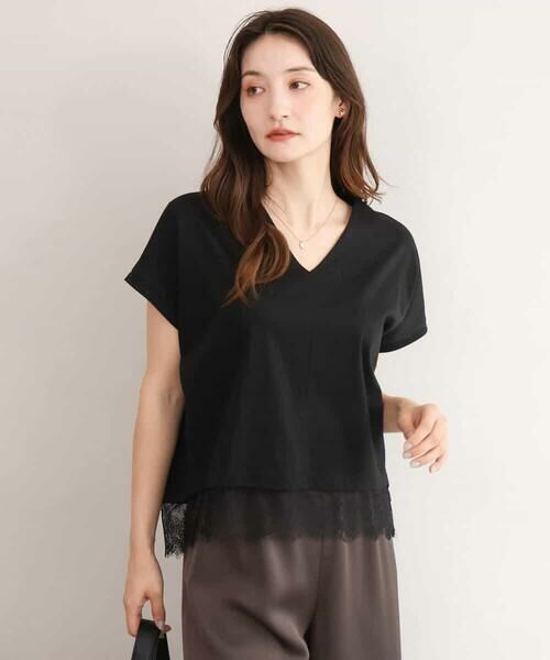 MK MICHEL KLEIN / エムケーミッシェルクラン カットソー | [接触冷感/洗える]ヘムレースデザインVネックカットソー（ブラック）