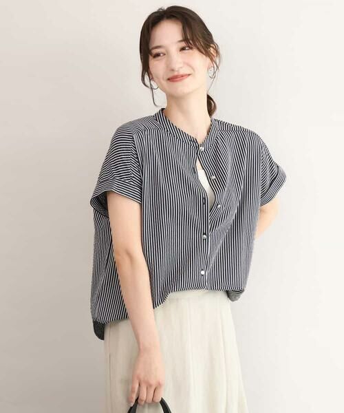 MK MICHEL KLEIN / エムケーミッシェルクラン カットソー | [接触冷感/洗える]バンドカラーストライプ柄カットソー（ネイビー）