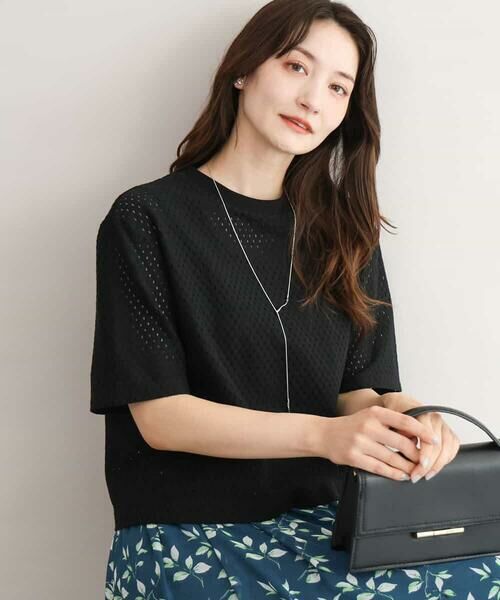MK MICHEL KLEIN / エムケーミッシェルクラン カットソー | [洗える]ドット調アイレット レースTシャツ（ブラック）