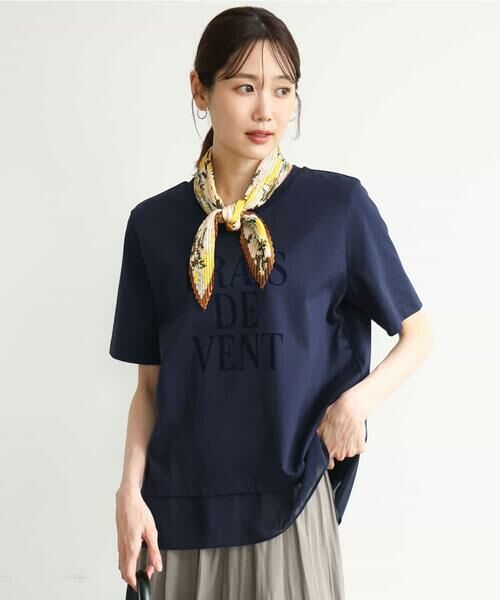 MK MICHEL KLEIN / エムケーミッシェルクラン カットソー | [洗える]シフォン切替えフロッキーロゴTシャツ（ネイビー）