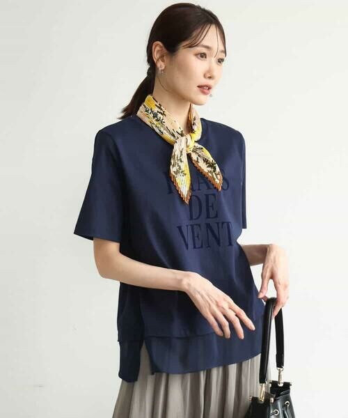 MK MICHEL KLEIN / エムケーミッシェルクラン カットソー | [洗える]シフォン切替えフロッキーロゴTシャツ | 詳細1