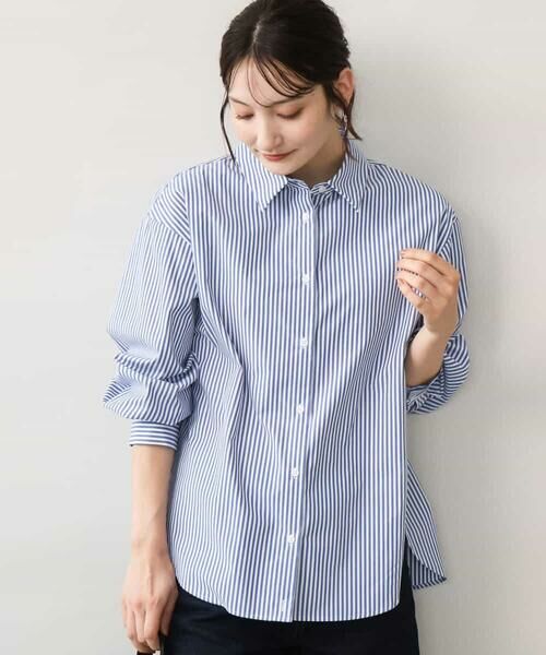 MK MICHEL KLEIN / エムケーミッシェルクラン シャツ・ブラウス | [防シワ/洗える]コットン混ベーシックシャツ（ストライプ）（ブルー）