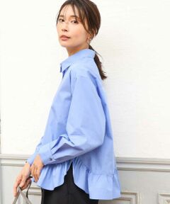 MK MICHEL KLEIN / エムケーミッシェルクラン シャツ・ブラウス | [洗える]フリルヘムデザインシャツブラウス（ブルー・ストライプ）