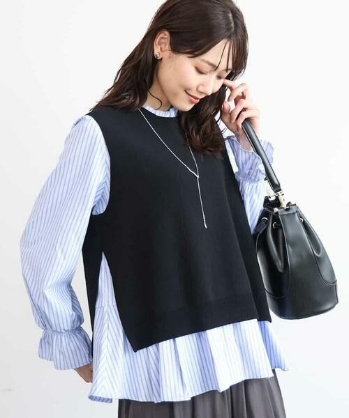 MK MICHEL KLEIN / エムケーミッシェルクラン シャツ・ブラウス | [洗える]フリルハイネックブラウス×ニットベスト ツインセット（ブラック）