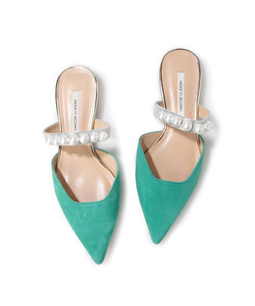 MODE ET JACOMO/モードエジャコモ パールモチーフフラットミュール グリーンスエード 225