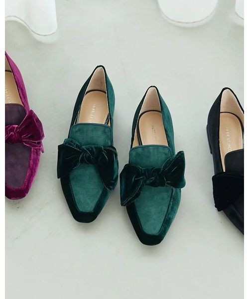 MODE ET JACOMO / モードエジャコモ フラットシューズ | ベルベットリボンローファー（グリーンキジ）