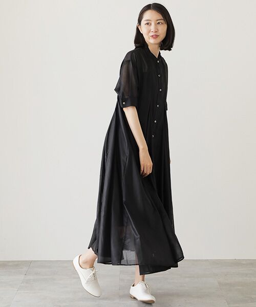 セール】 ナイロンタフタストレッチタックギャザーワンピース