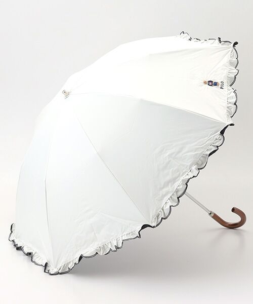 MOONBAT / ムーンバット 傘 | 【WEB限定/遮光率100%/遮熱/UV】POLO RALPH LAUREN（ポロ ラルフローレン）晴雨兼用日傘 ワンポイント ポロベア刺繍 フリル 折りたたみ傘 長折タイプ（オフホワイト）