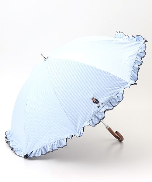 MOONBAT / ムーンバット 傘 | 【WEB限定/遮光率100%/遮熱/UV】POLO RALPH LAUREN（ポロ ラルフローレン）晴雨兼用日傘 ワンポイント ポロベア刺繍 フリル 長傘（サックスブルー）