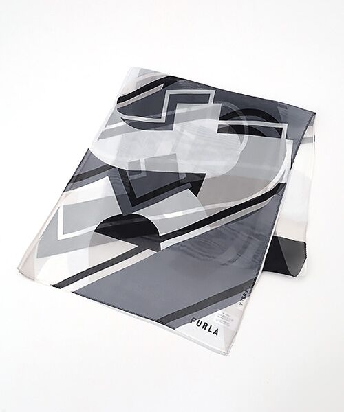 MOONBAT / ムーンバット バンダナ・スカーフ | 【シルク100%】アーチロゴ 幾何学柄 シルクシフォンプリントスカーフ 150cm×35cm（グレー）