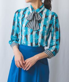NARACAMICIE / ナラカミーチェ シャツ・ブラウス | 【NARACAMICIE】フラワーボーダージョーゼットボウタイ付き七分袖ブラウス