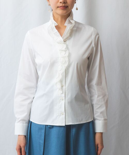NARACAMICIE / ナラカミーチェ シャツ・ブラウス | 【NARACAMICIE】二重スタンドフリルレースブロード長袖シャツ | 詳細1