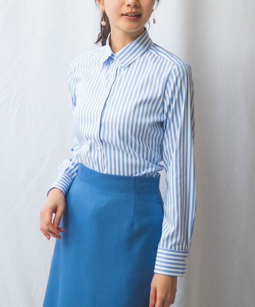 NARACAMICIE/ナラカミーチェ 【NARACAMICIE】ストレッチストライプ長袖シャツ ブルー 3(2L)13号 NARACAMICIE/ナラカミーチェ 【NARACAMICIE】ストレッチストライプ長袖シャツ ブルー 3(2L)13号