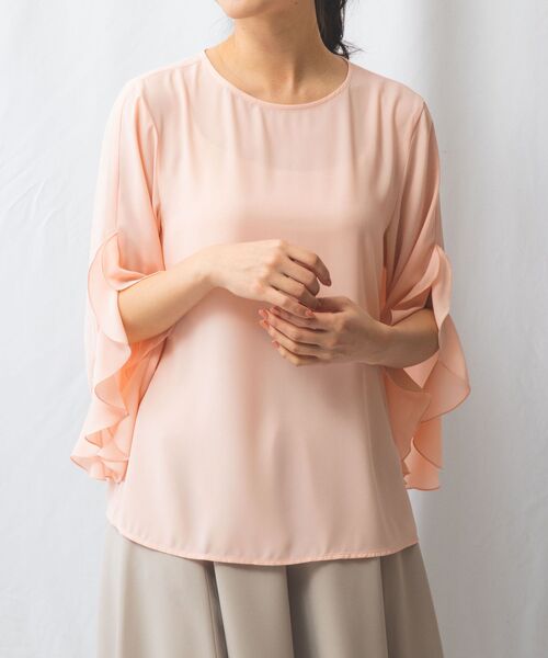NARACAMICIE/ナラカミーチェ 【NARACAMICIE】ジョーゼットフリル七分袖ブラウス ピンク 2(L)11号 NARACAMICIE/ナラカミーチェ 【NARACAMICIE】ジョーゼットフリル七分袖ブラウス ピンク 2(L)11号