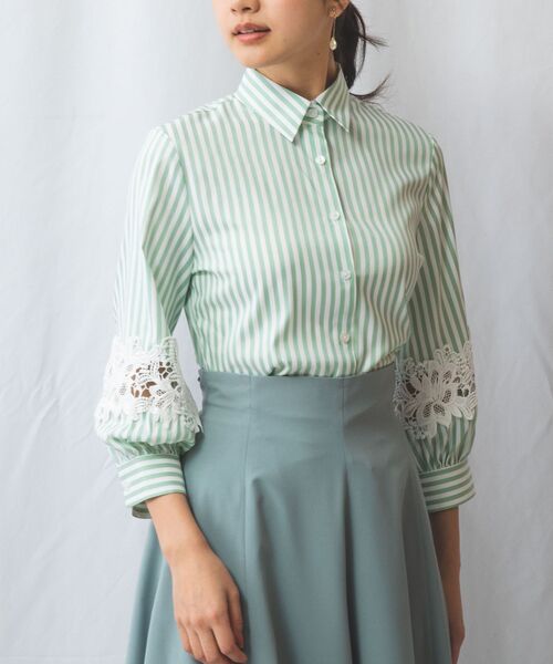 NARACAMICIE / ナラカミーチェ シャツ・ブラウス | 【NARACAMICIE】ストレッチストライプ七分袖レースシャツ | 詳細1