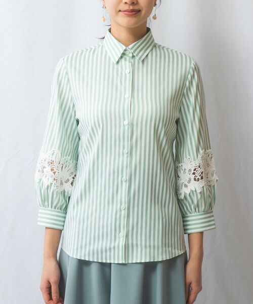 NARACAMICIE / ナラカミーチェ シャツ・ブラウス | 【NARACAMICIE】ストレッチストライプ七分袖レースシャツ | 詳細2