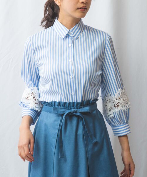 NARACAMICIE/ナラカミーチェ 【NARACAMICIE】ストレッチストライプ七分袖レースシャツ ブルー 3(2L)13号 NARACAMICIE/ナラカミーチェ 【NARACAMICIE】ストレッチストライプ七分袖レースシャツ ブルー 3(2L)13号