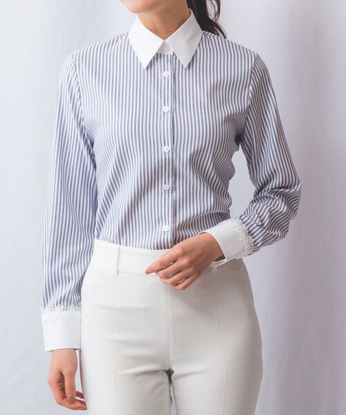 NARACAMICIE/ナラカミーチェ 【NARACAMICIE】ストレッチストライプクレリック長袖シャツ グレー 2(L)11号 NARACAMICIE/ナラカミーチェ 【NARACAMICIE】ストレッチストライプクレリック長袖シャツ グレー 2(L)11号
