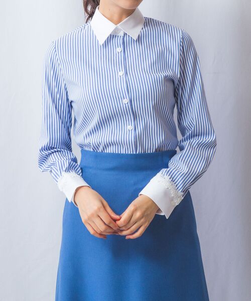 NARACAMICIE/ナラカミーチェ 【NARACAMICIE】ストレッチストライプクレリック長袖シャツ ブルー 1(M)9号 NARACAMICIE/ナラカミーチェ 【NARACAMICIE】ストレッチストライプクレリック長袖シャツ ブルー 1(M)9号