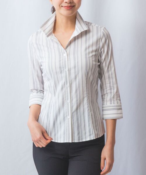 NARACAMICIE / ナラカミーチェ シャツ・ブラウス | 【NARACAMICIE】ストレッチランダムストライプスタンドカラー七分袖シャツ | 詳細3