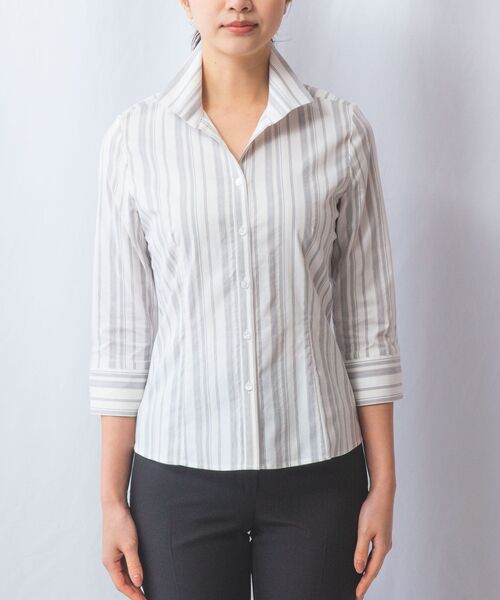 NARACAMICIE / ナラカミーチェ シャツ・ブラウス | 【NARACAMICIE】ストレッチランダムストライプスタンドカラー七分袖シャツ | 詳細4