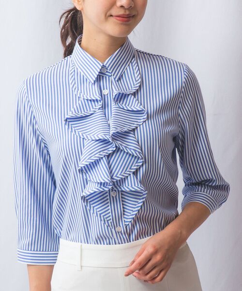 NARACAMICIE/ナラカミーチェ 【NARACAMICIE】ストレッチストライプフリル七分袖シャツ ブルー 0(S)7号 NARACAMICIE/ナラカミーチェ 【NARACAMICIE】ストレッチストライプフリル七分袖シャツ ブルー 0(S)7号