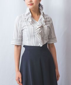 NARACAMICIE / ナラカミーチェ シャツ・ブラウス | 【NARACAMICIE】ストレッチランダムストライプ襟付きフリル半袖シャツ