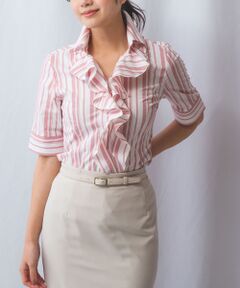 NARACAMICIE / ナラカミーチェ シャツ・ブラウス | 【NARACAMICIE】ストレッチランダムストライプ襟付きフリル半袖シャツ