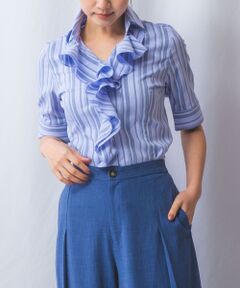 NARACAMICIE / ナラカミーチェ シャツ・ブラウス | 【NARACAMICIE】ストレッチランダムストライプ襟付きフリル半袖シャツ