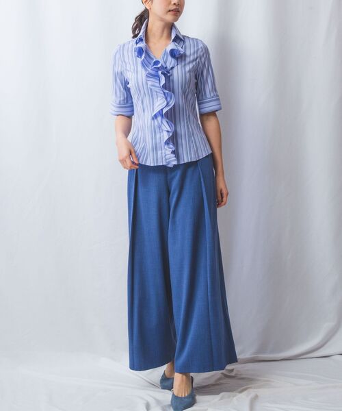 NARACAMICIE / ナラカミーチェ シャツ・ブラウス | 【NARACAMICIE】ストレッチランダムストライプ襟付きフリル半袖シャツ | 詳細13