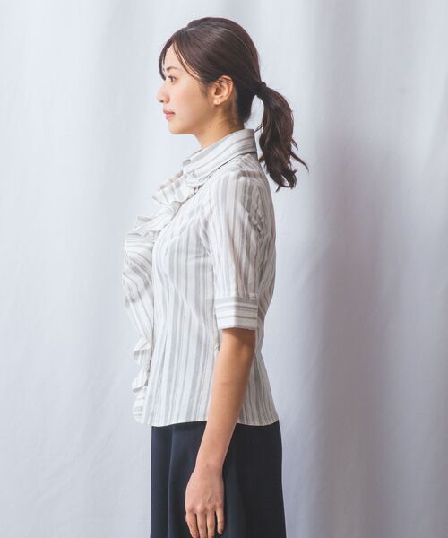 NARACAMICIE / ナラカミーチェ シャツ・ブラウス | 【NARACAMICIE】ストレッチランダムストライプ襟付きフリル半袖シャツ | 詳細3