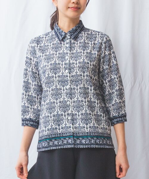 NARACAMICIE / ナラカミーチェ シャツ・ブラウス | 【NARACAMICIE】ハンドブロック風プリント七分袖シャツ | 詳細1