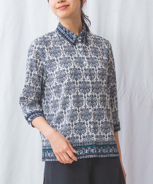 NARACAMICIE / ナラカミーチェ シャツ・ブラウス | 【NARACAMICIE】ハンドブロック風プリント七分袖シャツ(ホワイト×ブラック)