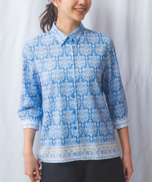 NARACAMICIE / ナラカミーチェ シャツ・ブラウス | 【NARACAMICIE】ハンドブロック風プリント七分袖シャツ(ブルー)