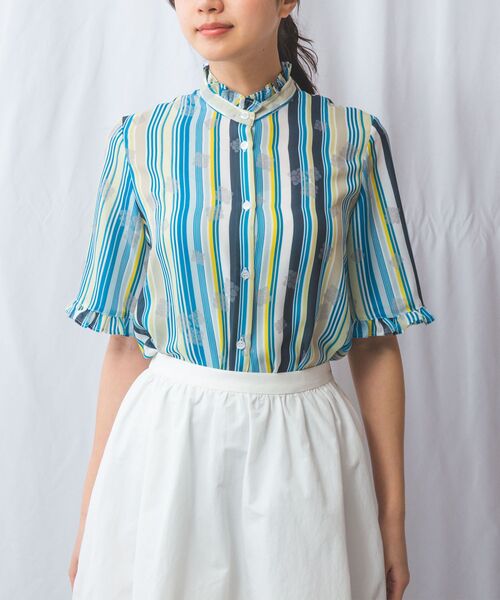 NARACAMICIE/ナラカミーチェ 【NARACAMICIE】GENIUS マルチストライプフリル半袖ブラウス ブルー 1(M)9号